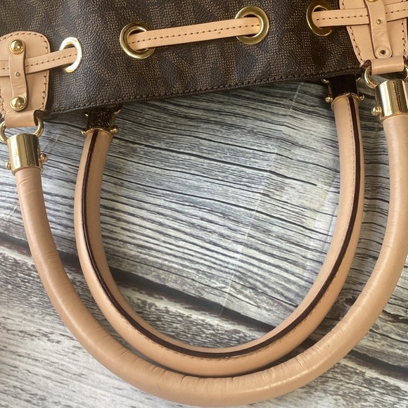 Michael Kors Brown Logo Canvas Satchel Tote with Leather Trim gold-tone hardware - Picture 15 of 16